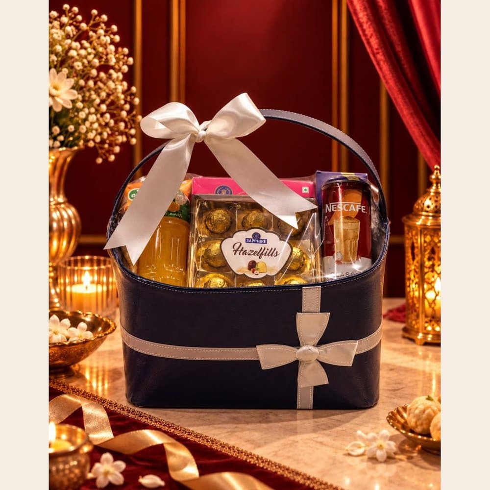 Diwali Snack Hamper - Leather Basket with Blue Bow