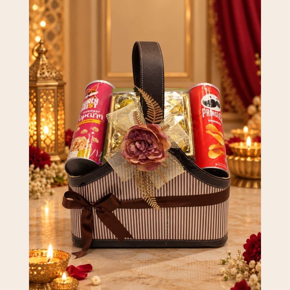 Diwali Snack Hamper - Leather Basket (Brown Stripe)