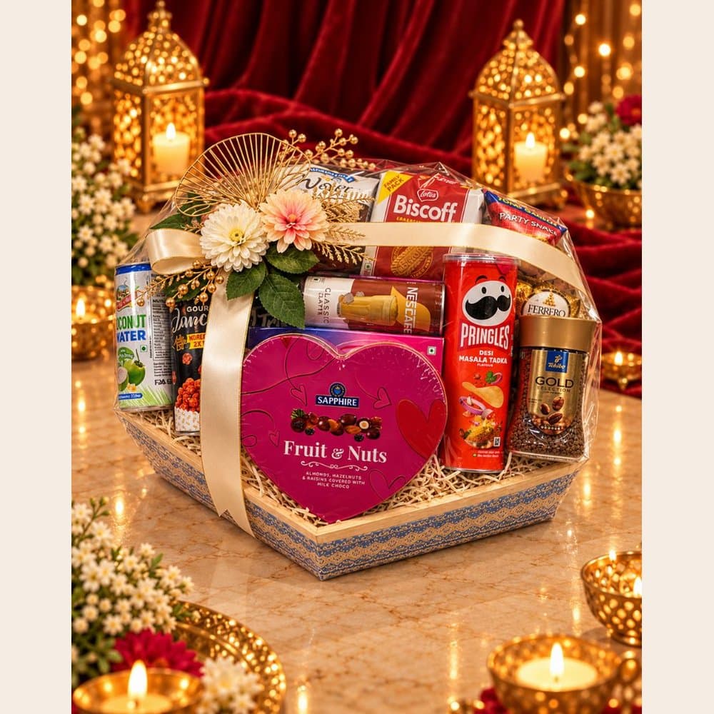 Diwali Snack Hamper - Wooden Hexagon Basket (Grand)