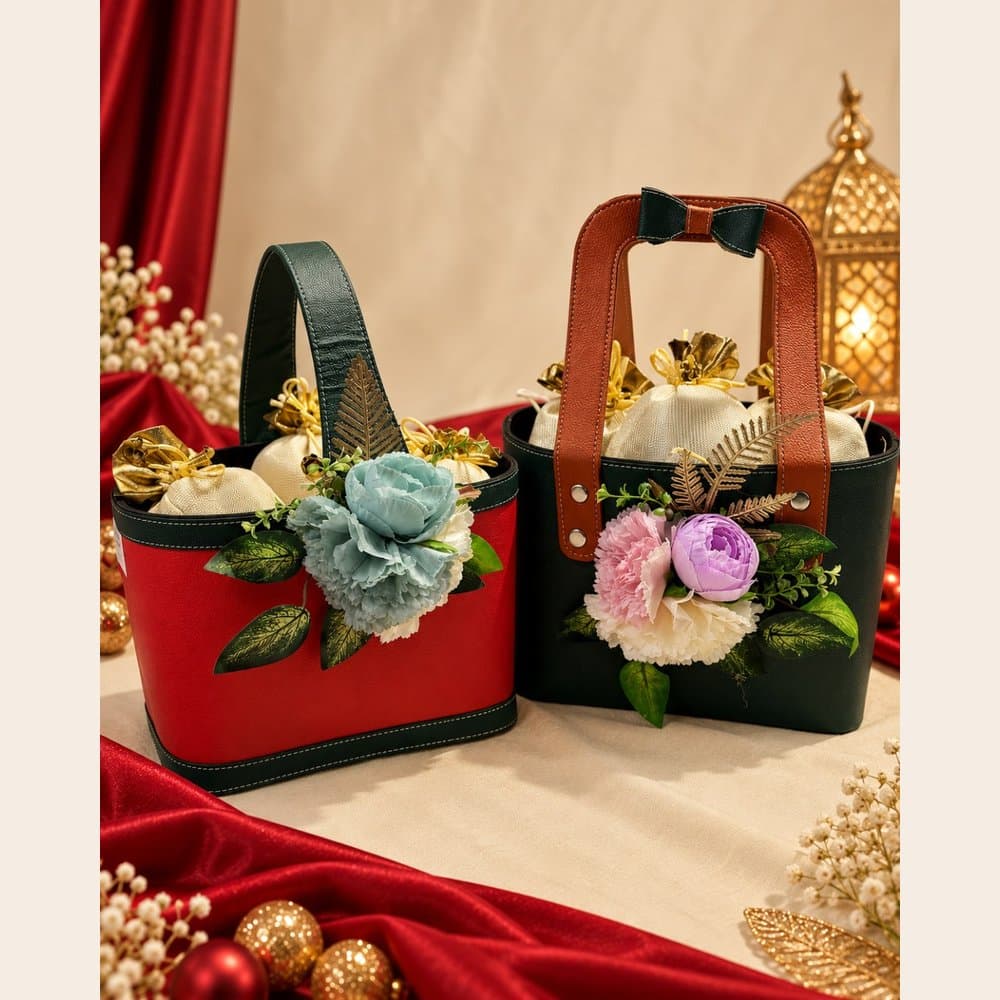 Dry Fruit Hamper - Leather Basket with Potlis