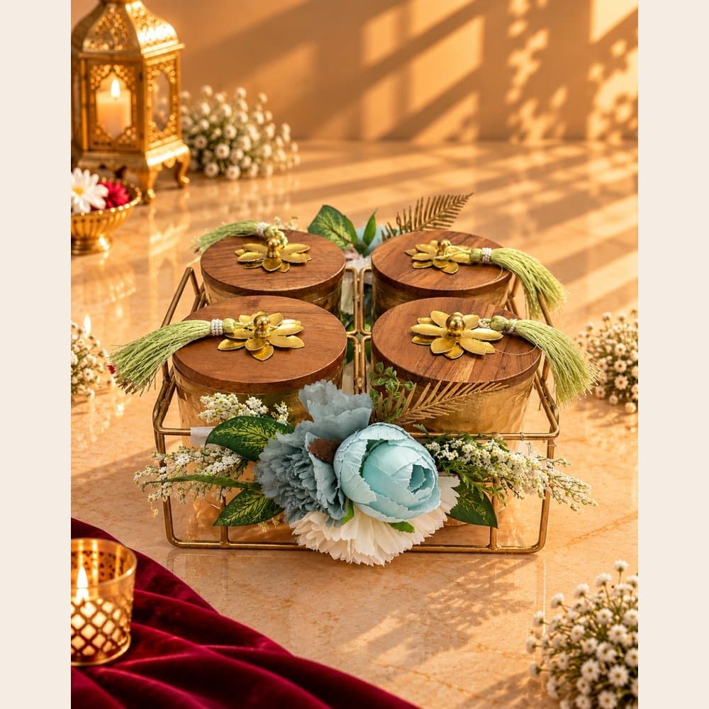 Dry Fruit Hamper - Square Hamper with 4 Brass Jars
