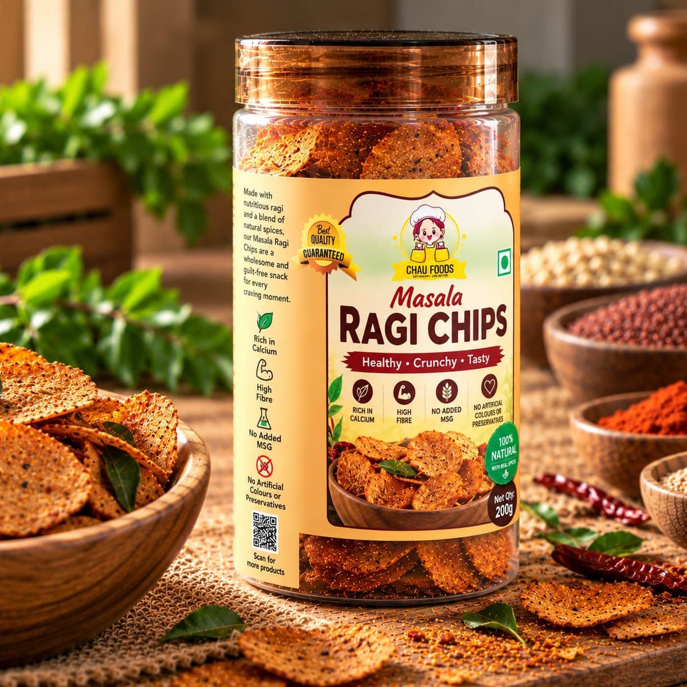 Masala ragi chips in a jar from Chau Foods